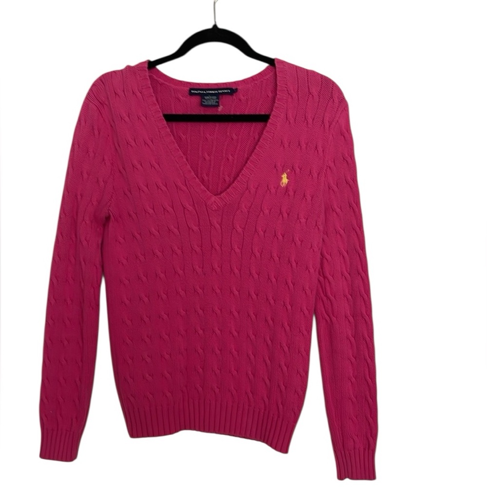 Ralph Lauren Sport blue label pink cable V neck sweater with logo